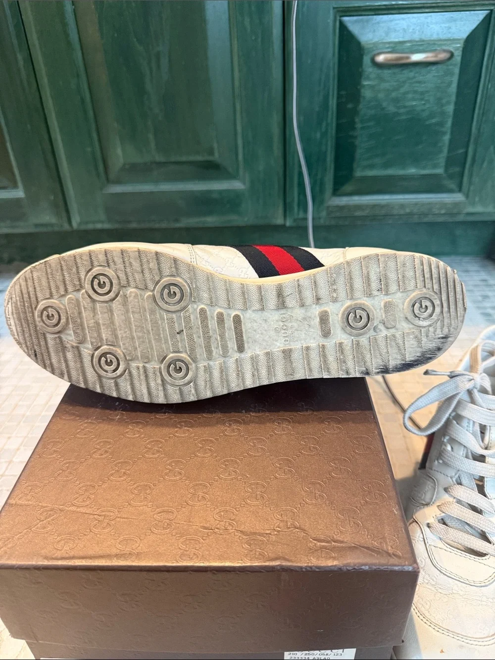 Gucci Men’s Micro Guccissima Leather Sneakers with Red & Navy Stripe